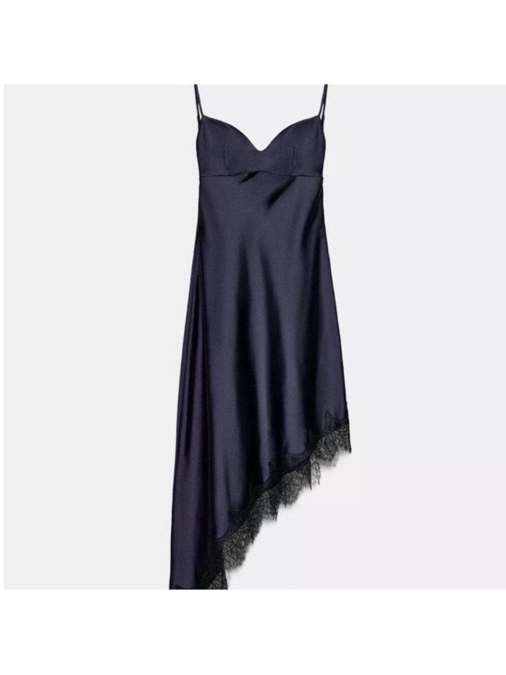 Zara Navy Asymmetric Satin Slip Dress with Lace Hem